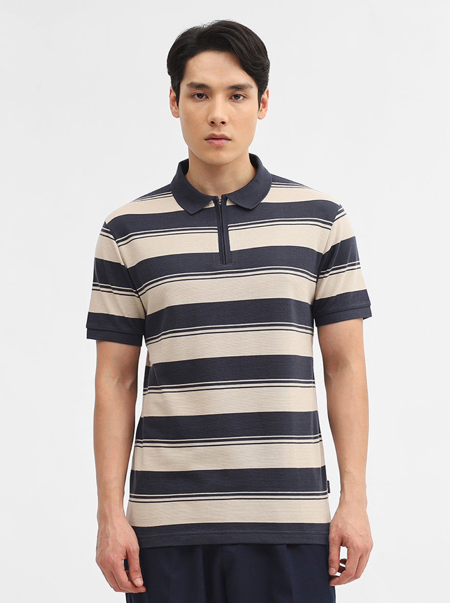 Fawn & Charcoal Striped Slim Fit Polo T-Shirt | JadeBlue