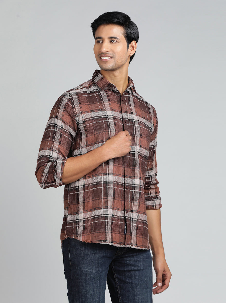 Brown Checked Slim Fit Casual Shirt | JadeBlue