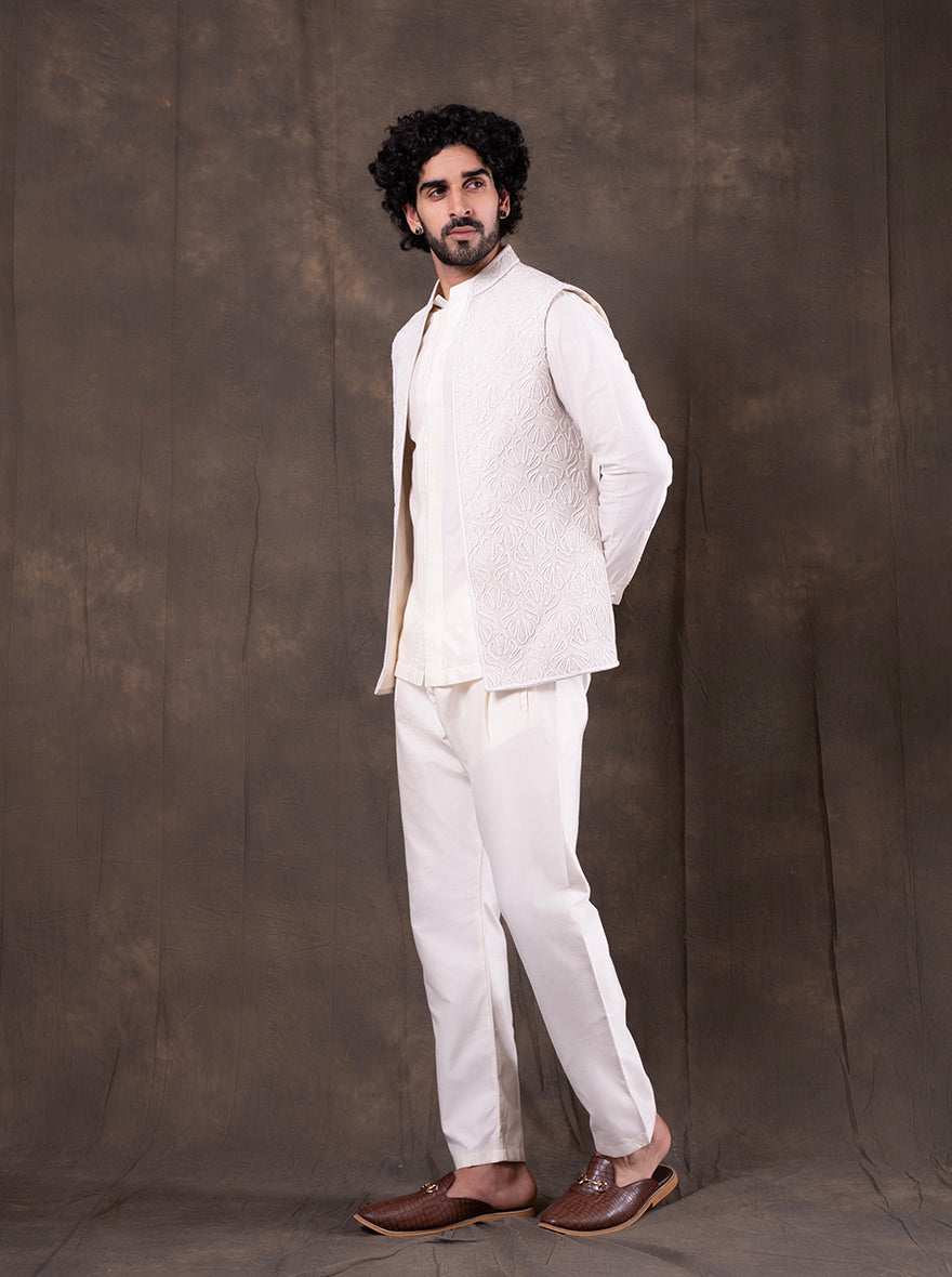 Cream Embroidered Kurta Pajama with Koti | TULA
