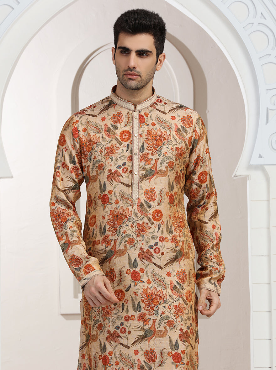 Cream & Orange Printed Kurta Pajama | Virasana