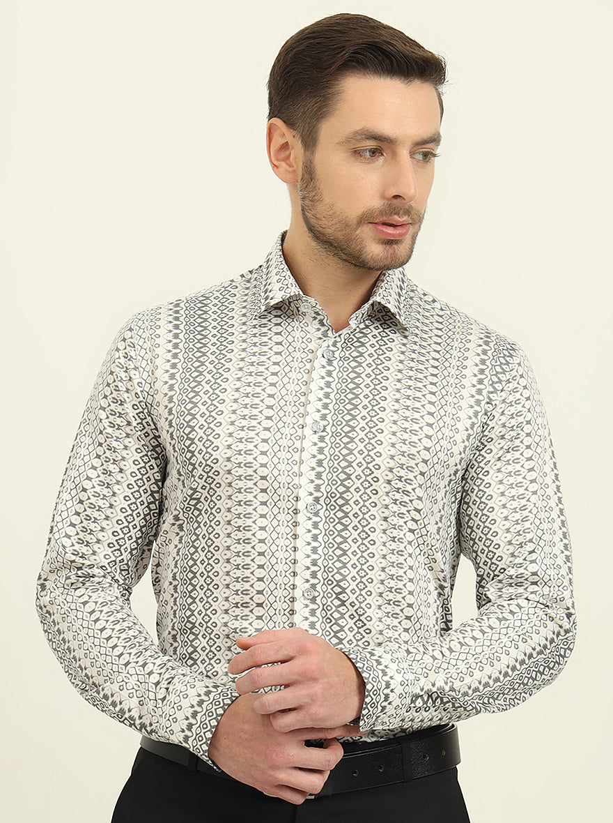White & Grey Printed Slim Fit Party Wear Shirt | Wyre
