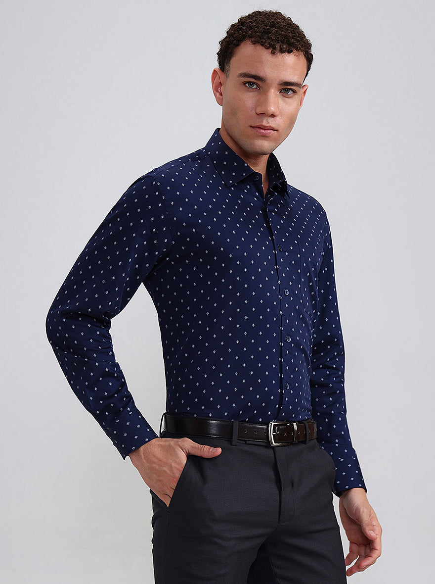 Blue Printed Regular Fit Formal Shirt | JadeBlue