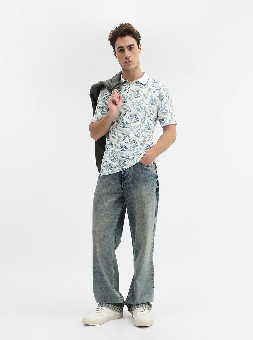 White Printed Slim Fit Polo T-Shirt | Greenfibre
