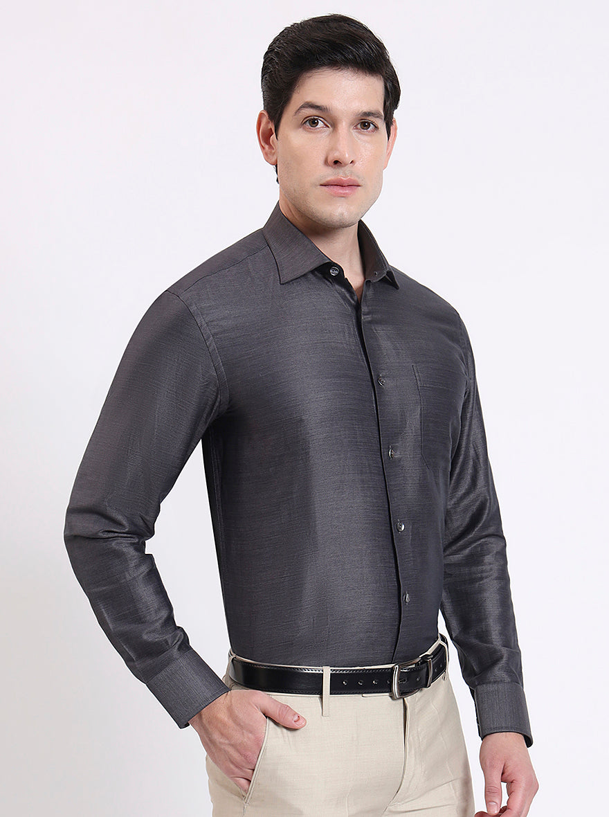 Dark Grey Solid Slim Fit Formal Shirt | JadeBlue Super Luxe