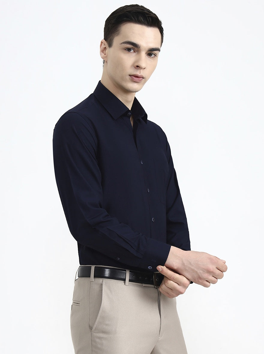 Navy Blue Solid Regular Fit Formal Shirt | JadeBlue