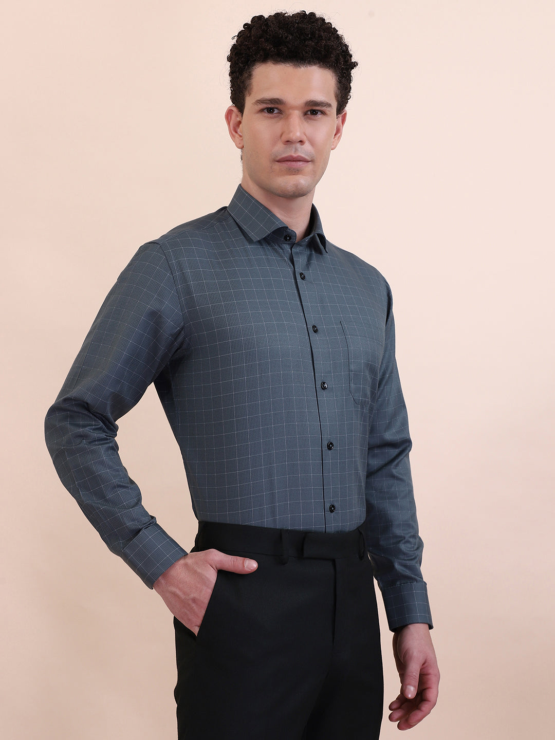 Green Checked Slim Fit Formal Shirt | Greenfibre
