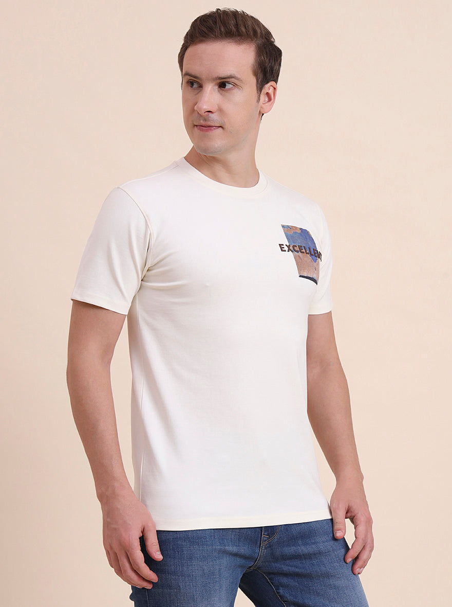 Cream Printed Slim Fit T-Shirt | JadeBlue