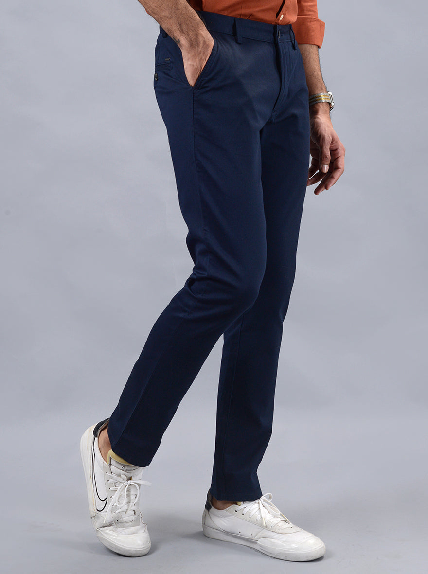 Navy Blue Solid Uno Fit Casual Trouser | JadeBlue