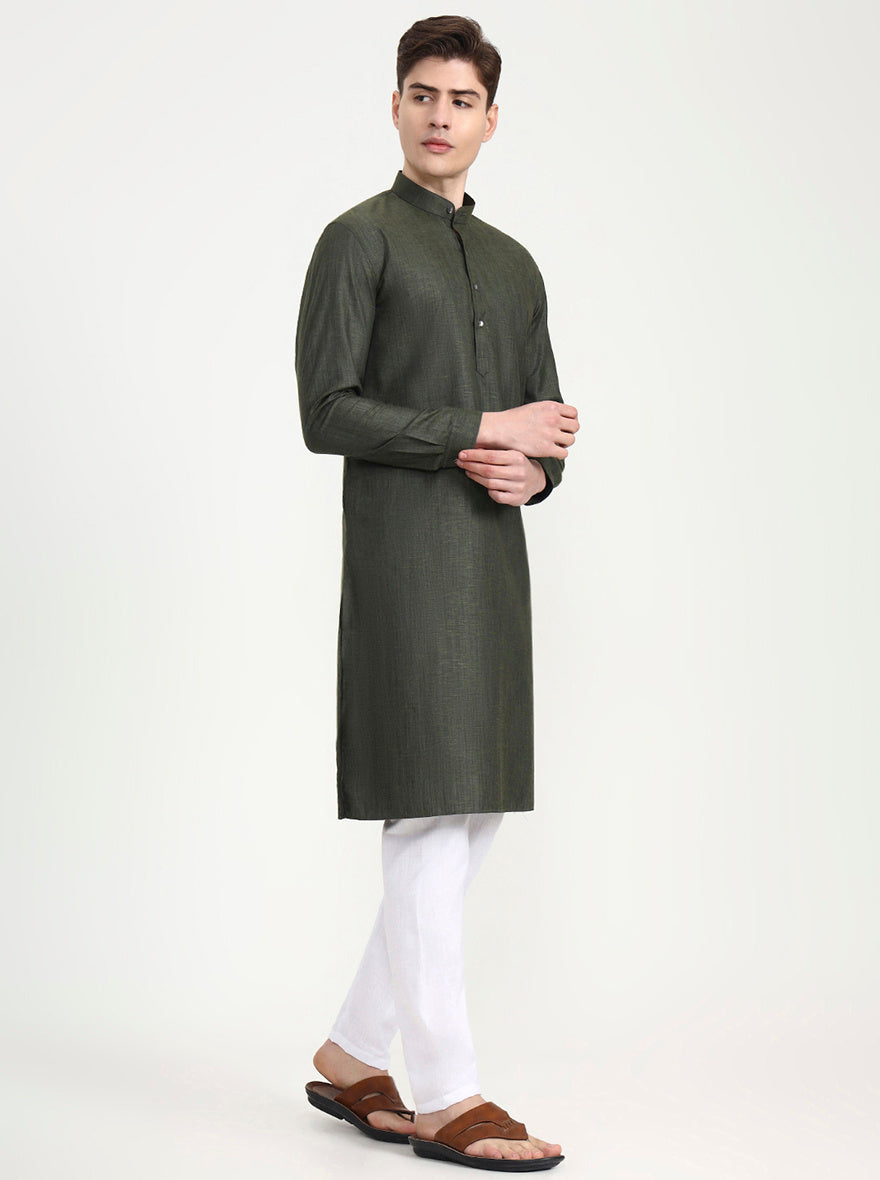 Olive Green Solid Modi Kurta | JadeBlue