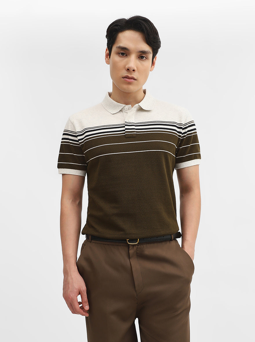 Beige & Olive Striped Slim Fit Polo T-Shirt | JadeBlue