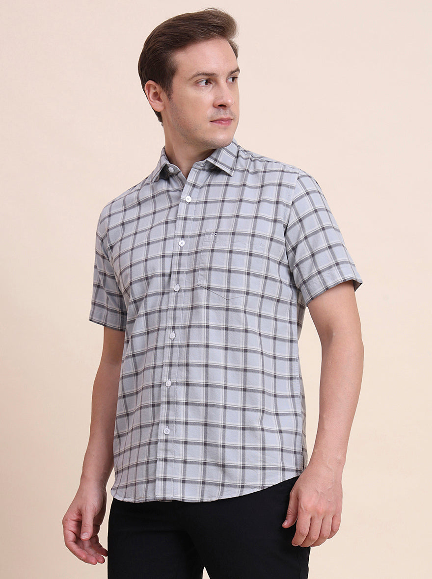 Light Blue Checked Tailored Fit Semi Casual Shirt | JadeBlue