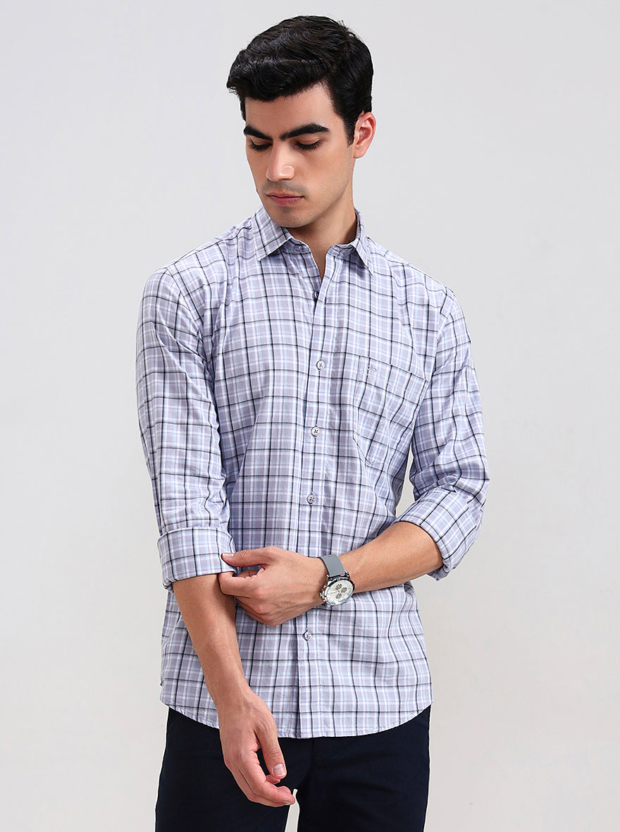 Light Grey Checked Tailored Fit Semi Casual Shirt | JadeBlue