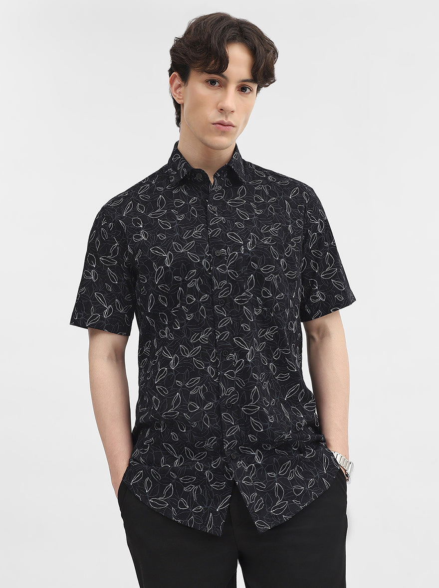 Black Printed Slim Fit Semi Casual Shirt | JadeBlue