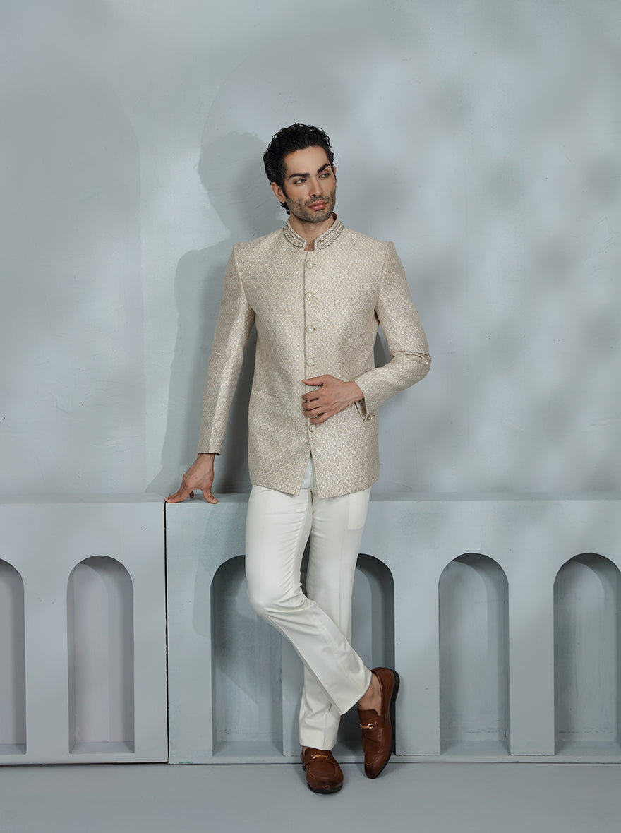 Cream & Golden Self Design Jodhpuri Suit | JadeBlue
