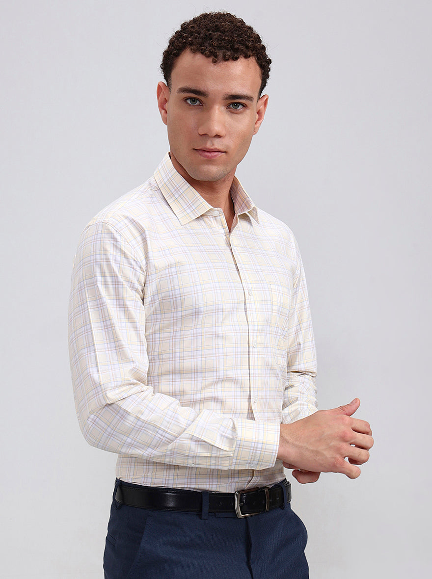 Yellow & White Checked Regular Fit Formal Shirt | JadeBlue