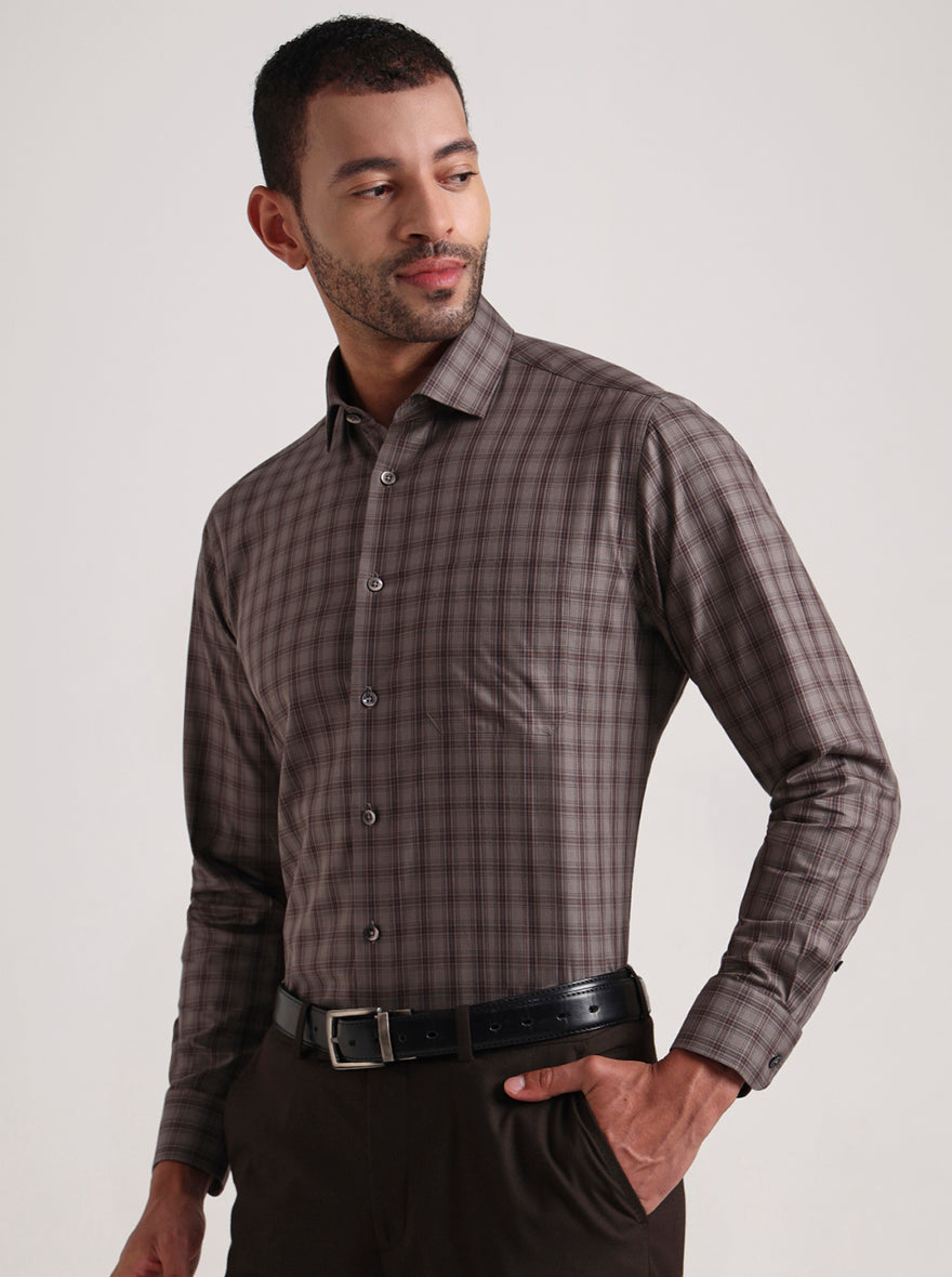 Brown Checked Slim Fit Formal Shirt | Metal