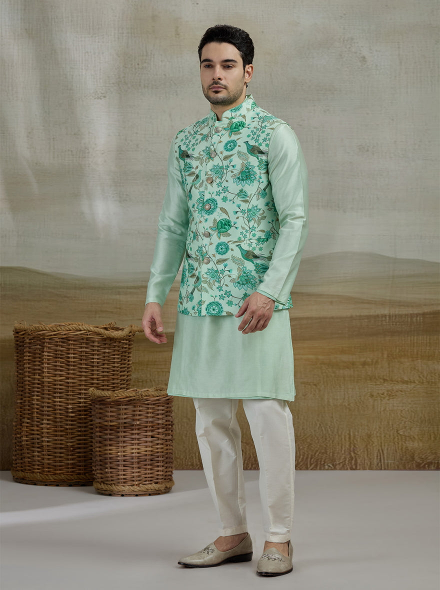Green Printed Kurta Pajama with Koti | TULA