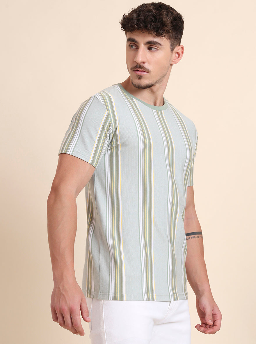 Pista Green Striped Slim Fit T-Shirt | JadeBlue