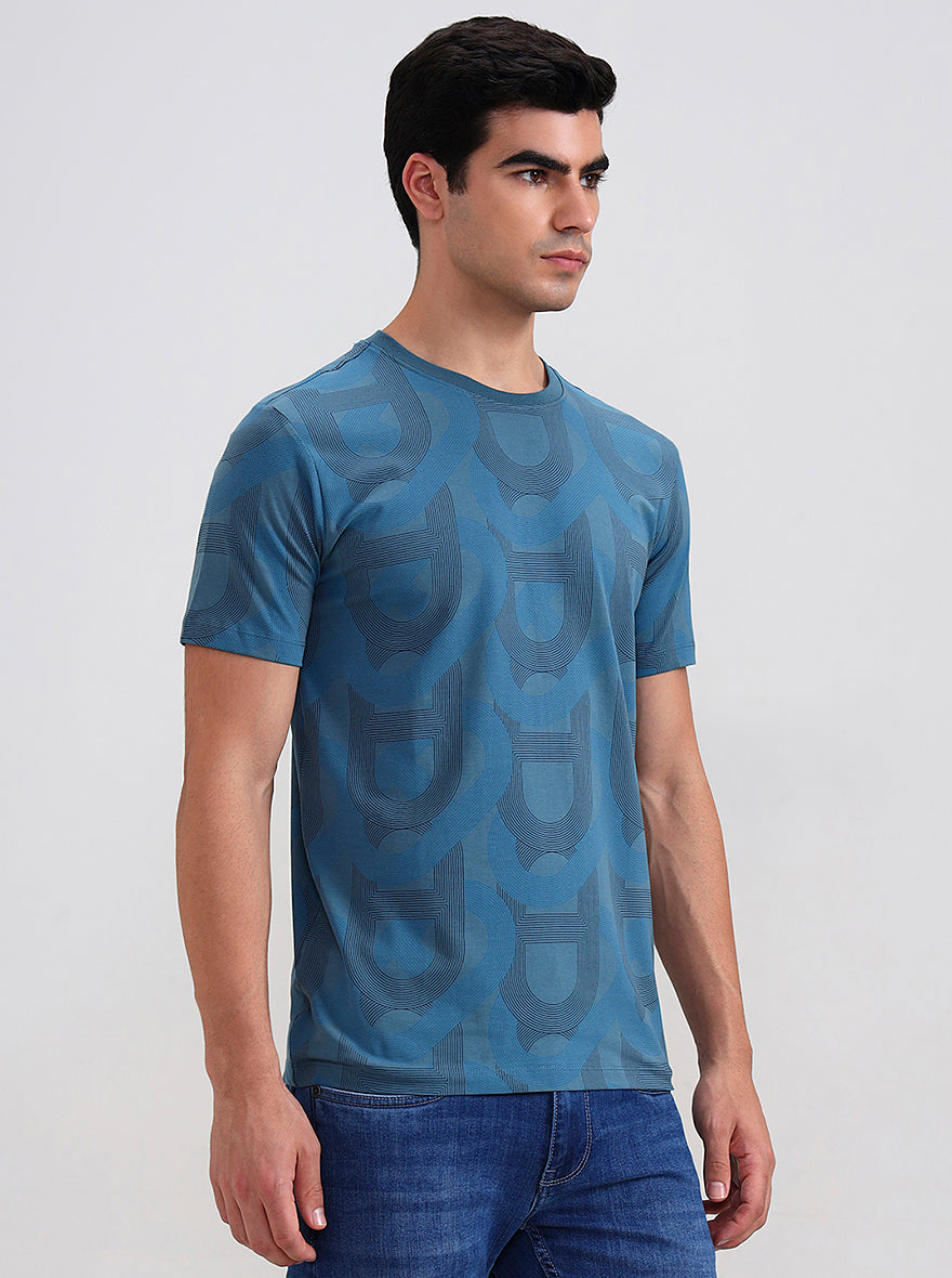Teal Blue Printed Slim Fit T-Shirt | JadeBlue