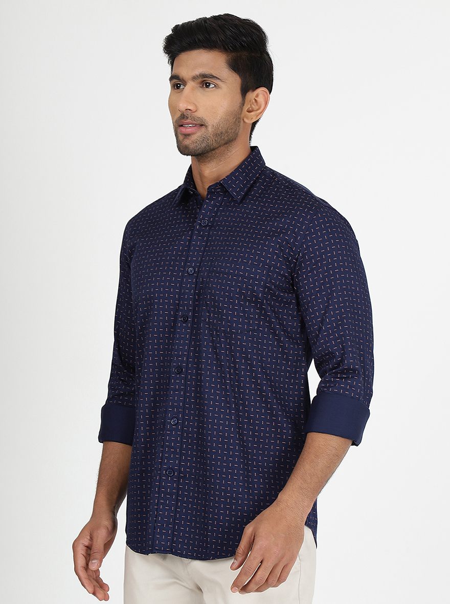Navy Blue Printed Slim Fit Semi Casual Shirt | JadeBlue