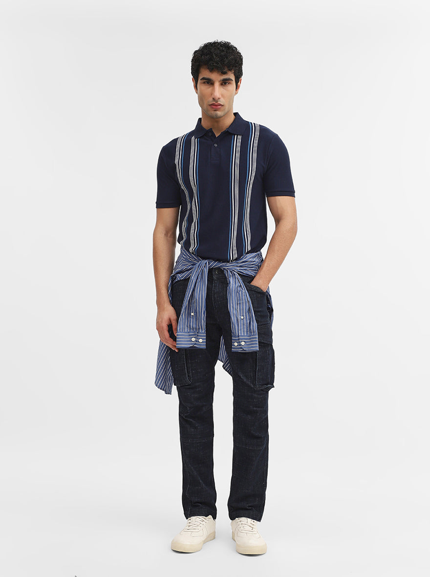 Navy Blue & White Striped Slim Fit Polo T-Shirt | Greenfibre