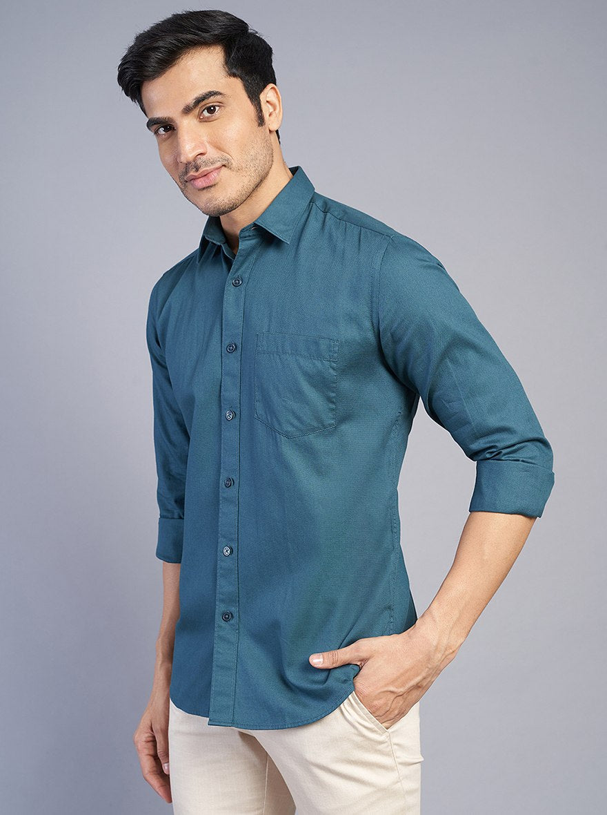 Blue Solid Slim Fit Semi Casual Shirt | JadeBlue