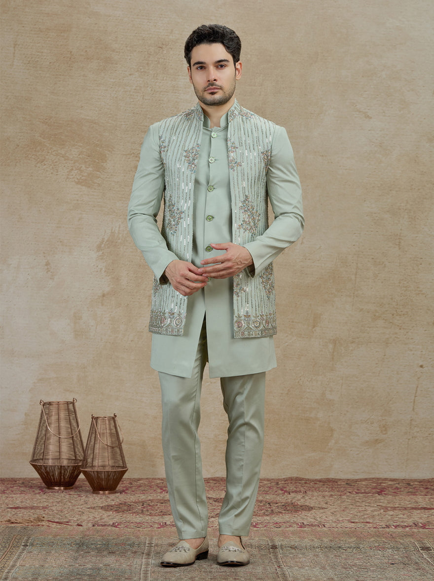 Pista Embroidered Kurta Pajama with Koti | Virasana