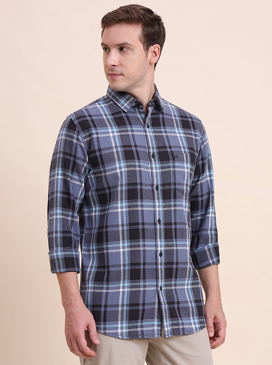Blue Checked Slim Fit Casual Shirt | JadeBlue