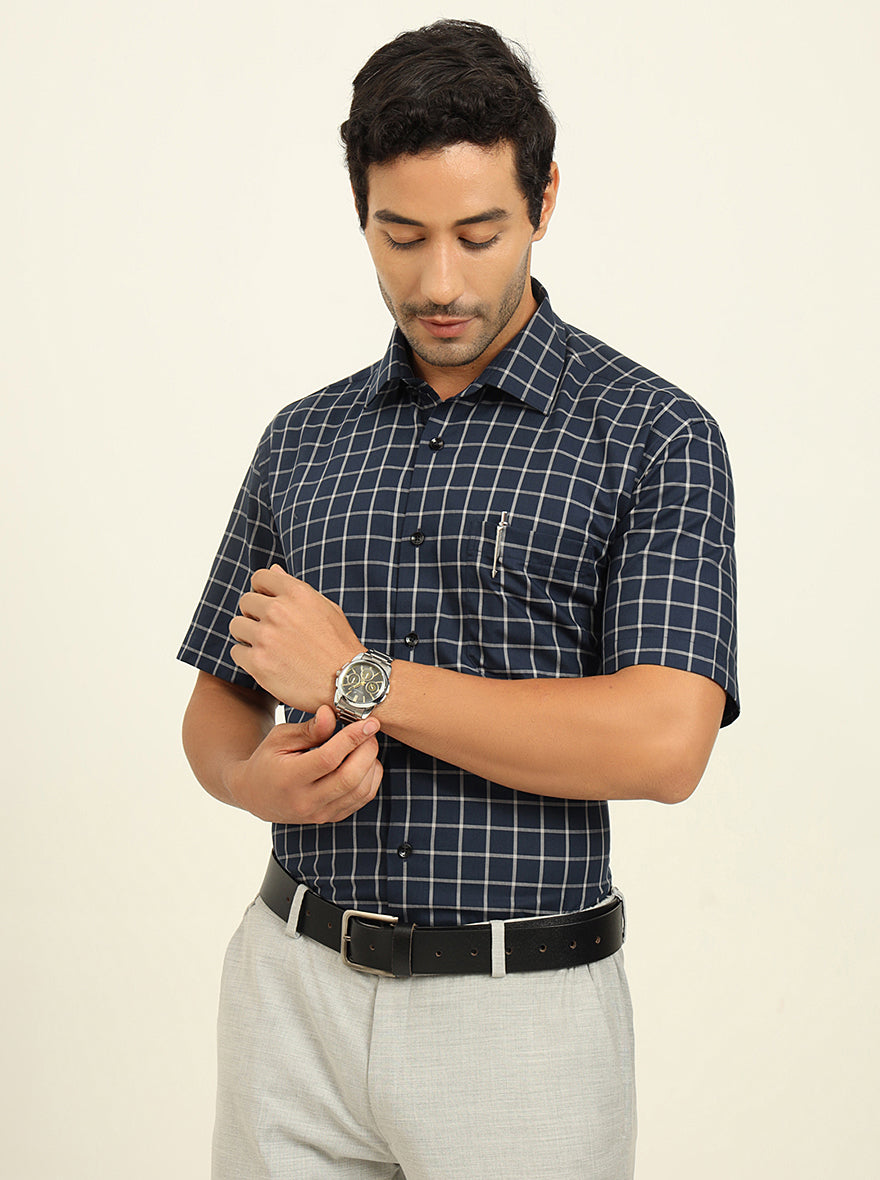 Blue & Grey Checked Regular Fit Formal Shirt | JadeBlue