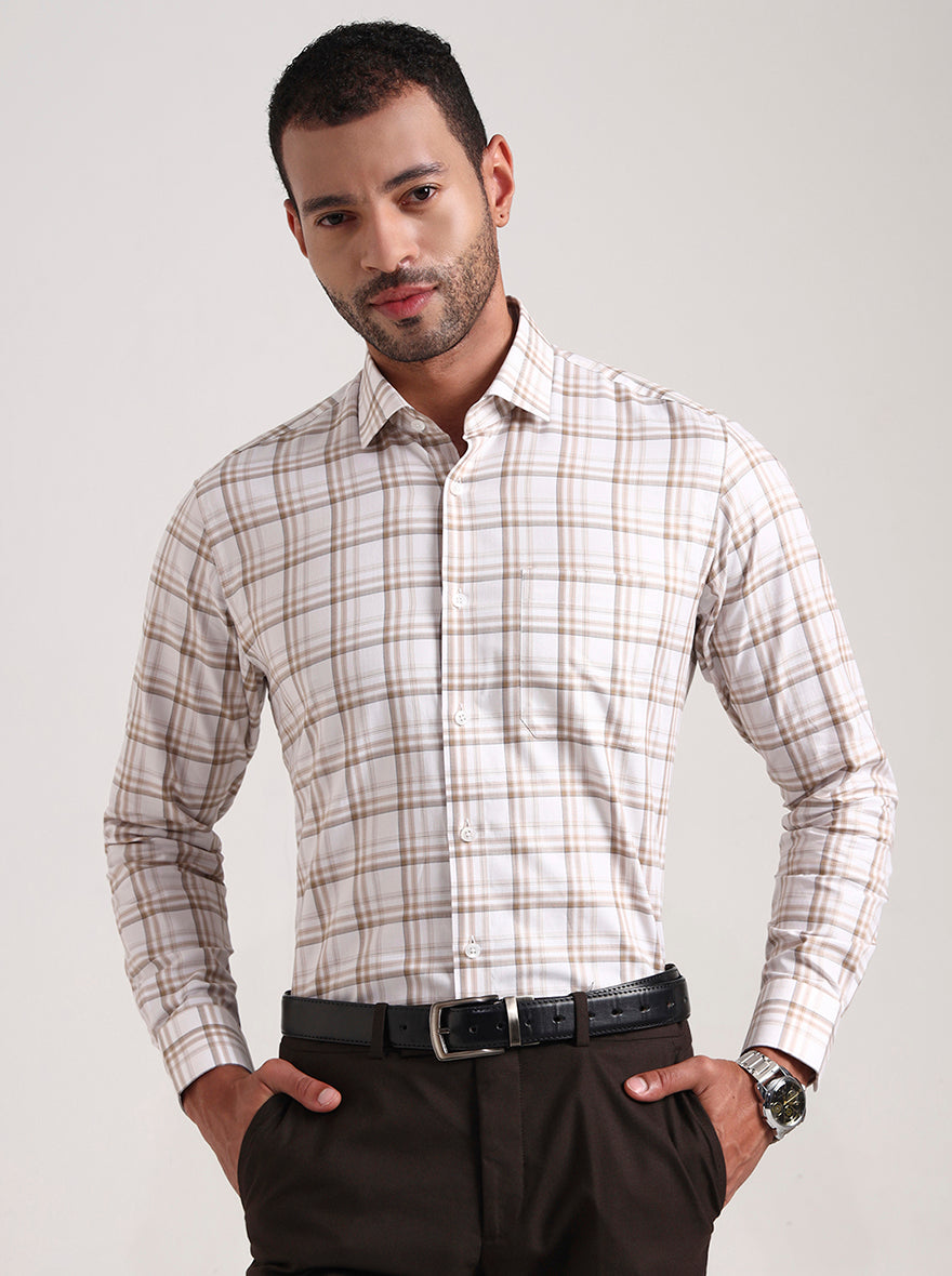 White & Brown Checked Slim Fit Formal Shirt | Metal