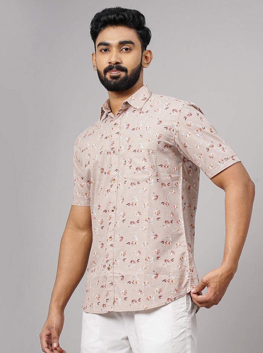 Cream Printed Slim Fit Casual Shirt | JadeBlue