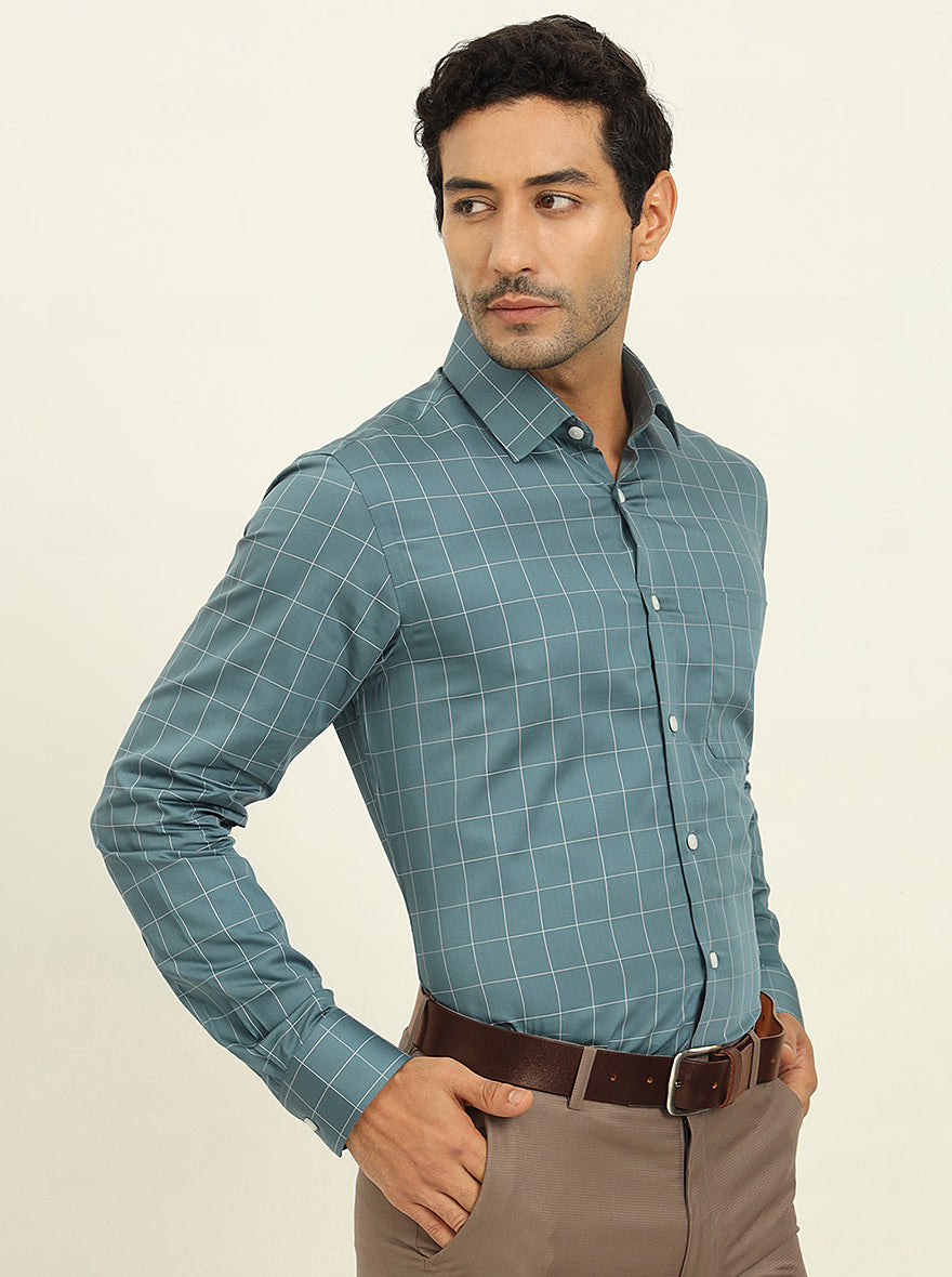 Teal Blue Checked Slim Fit Formal Shirt | JadeBlue Youth