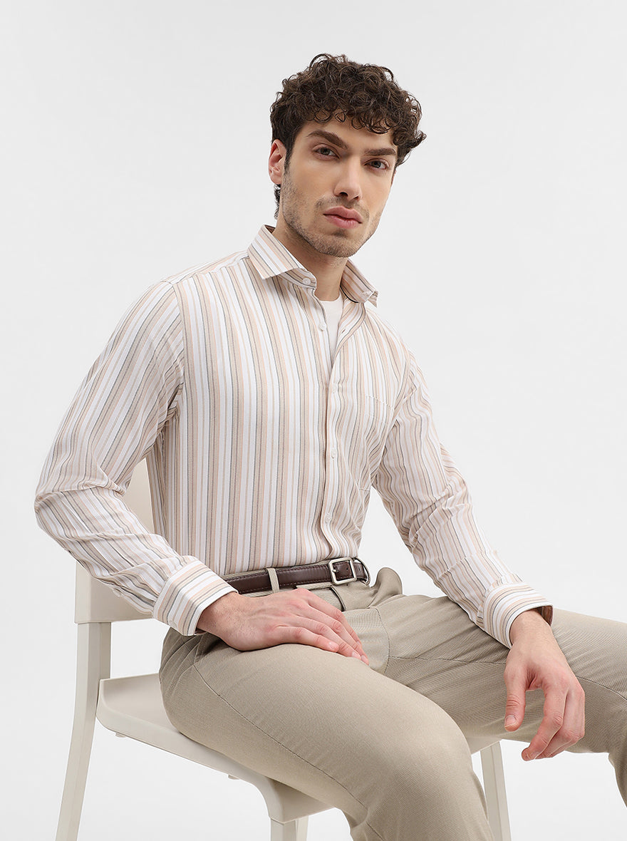 White & Fawn Striped Slim Fit Formal Shirt | Greenfibre