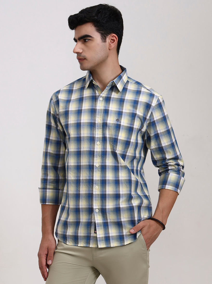 Yellow Checked Slim Fit Casual Shirt | Greenfibre