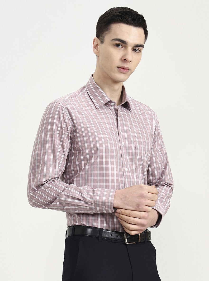 White & Dark Pink Checked Regular Fit Formal Shirt | JadeBlue