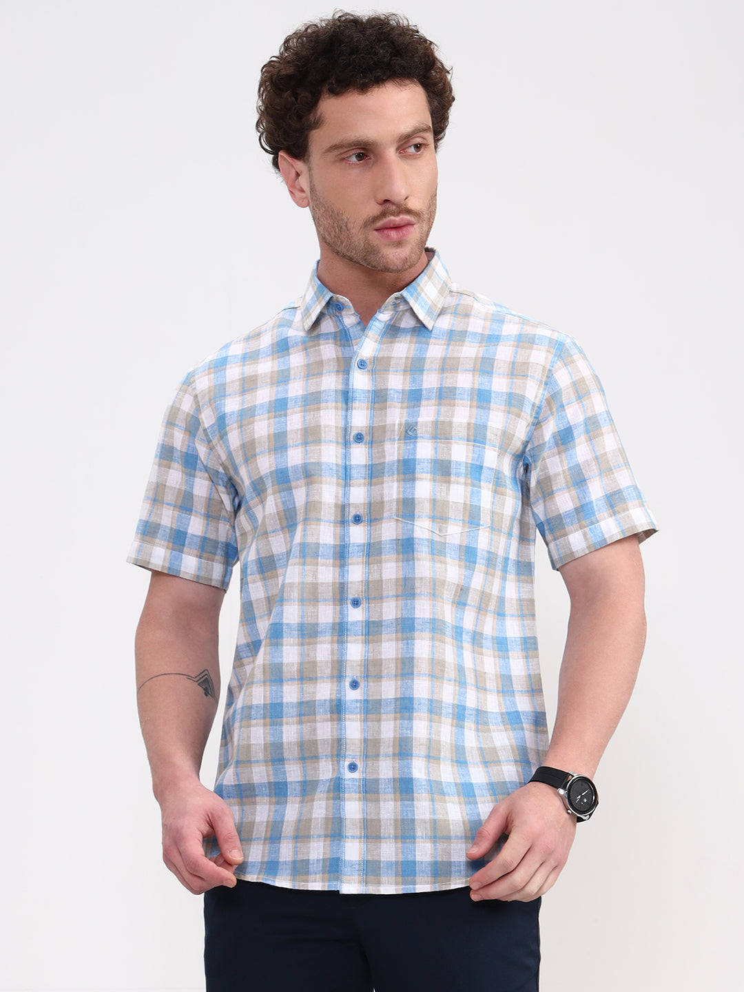 Blue Checked Slim Fit Casual Shirt | Greenfibre