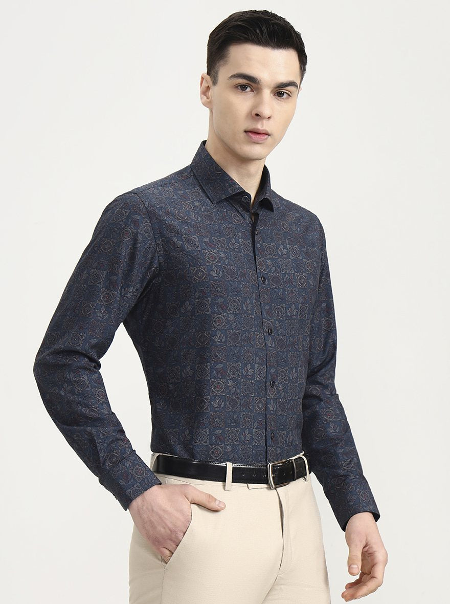 Green & Navy Blue Printed Slim Fit Party Wear Shirt | Wyre
