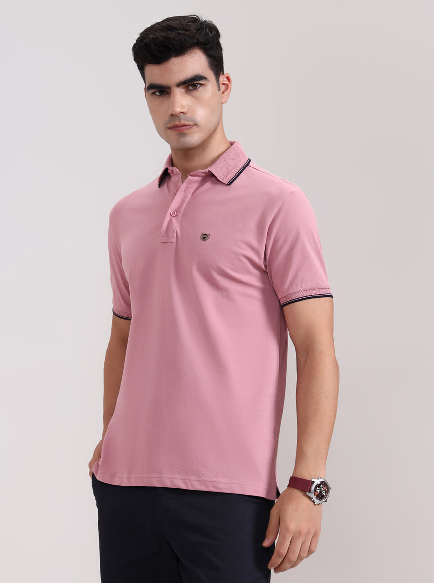 Mauve Pink Solid Slim Fit Polo T-Shirt | JadeBlue