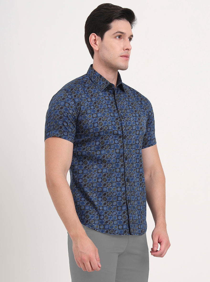 Blue Printed Slim Fit Casual Shirt | Greenfibre