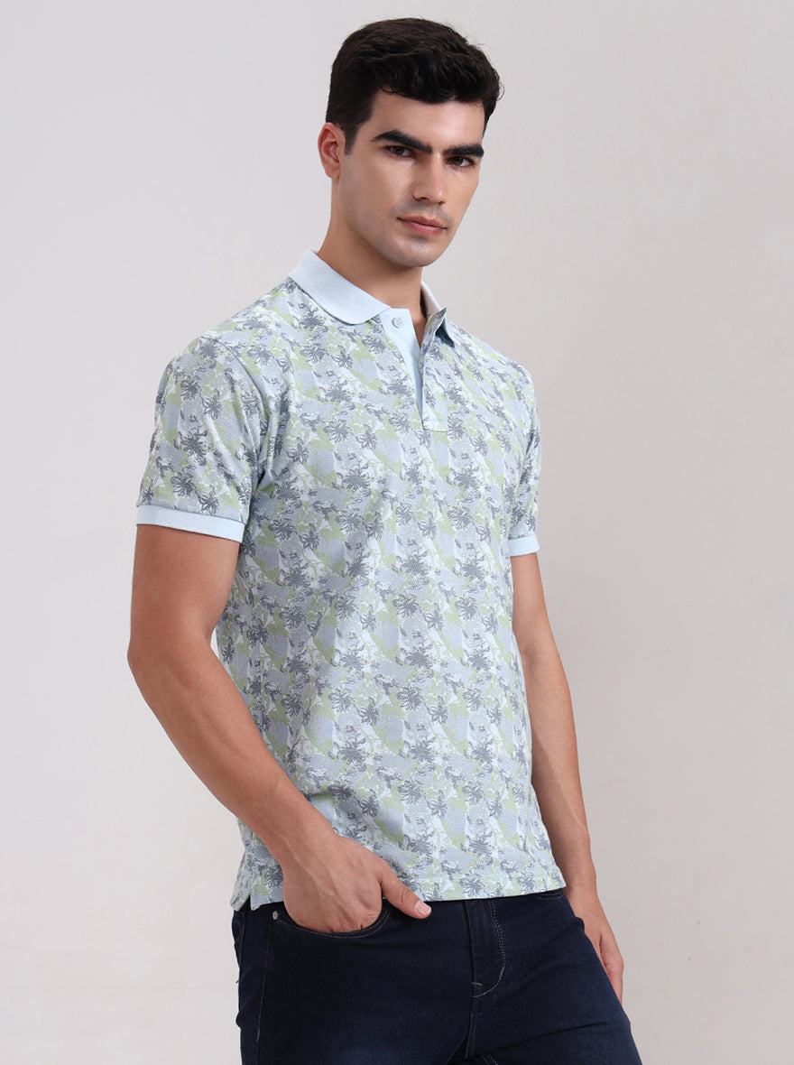 Light Blue Printed Slim Fit Polo T-Shirt | Greenfibre