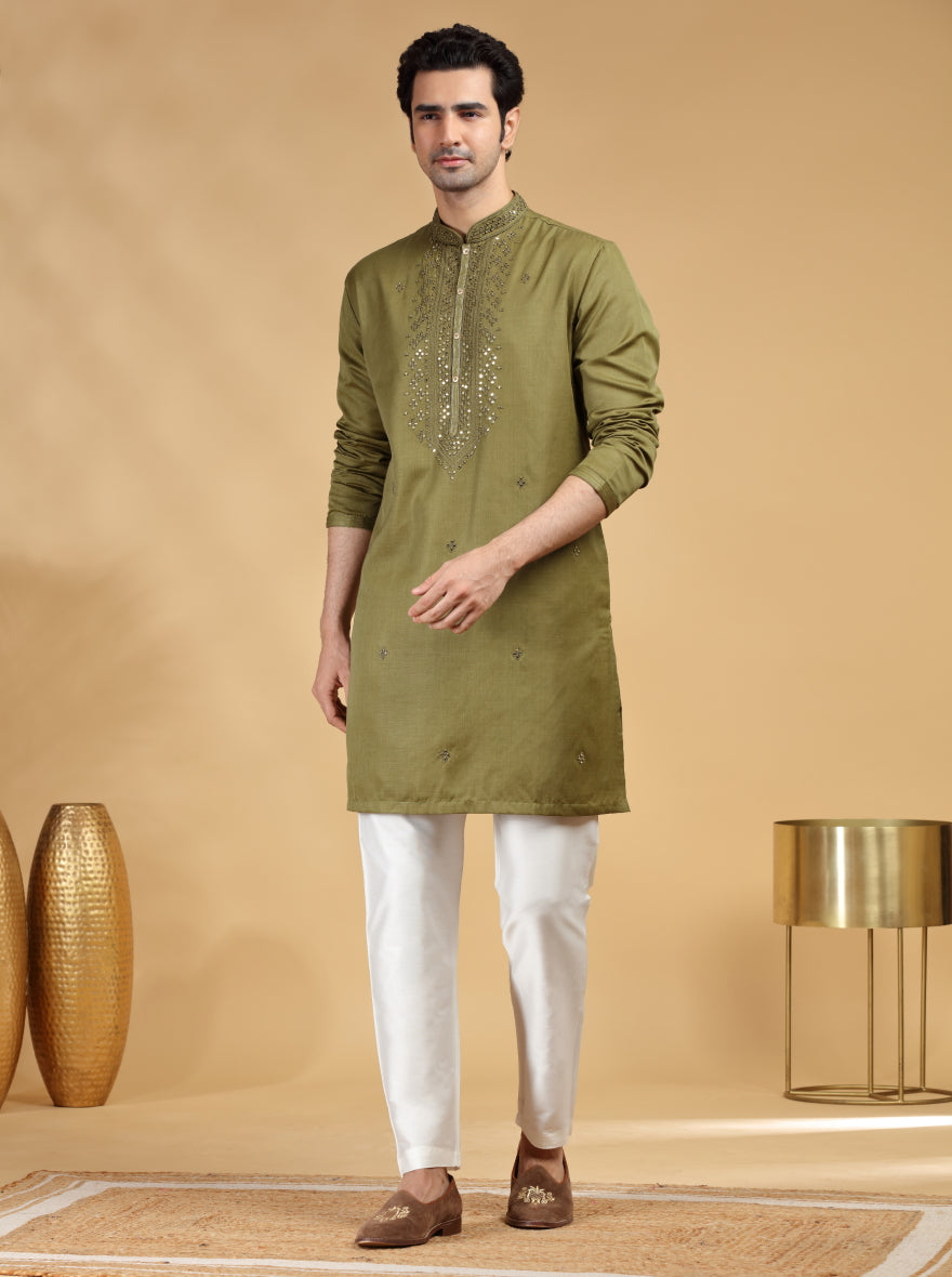 Olive Green Embroidered Kurta Pajama | TULA