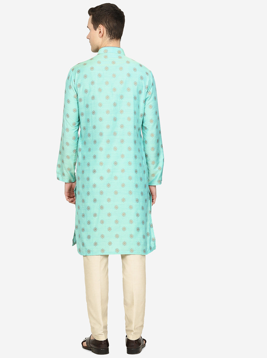 Light Blue Texture Printed Silk Blend Kurta | The Kurta Company