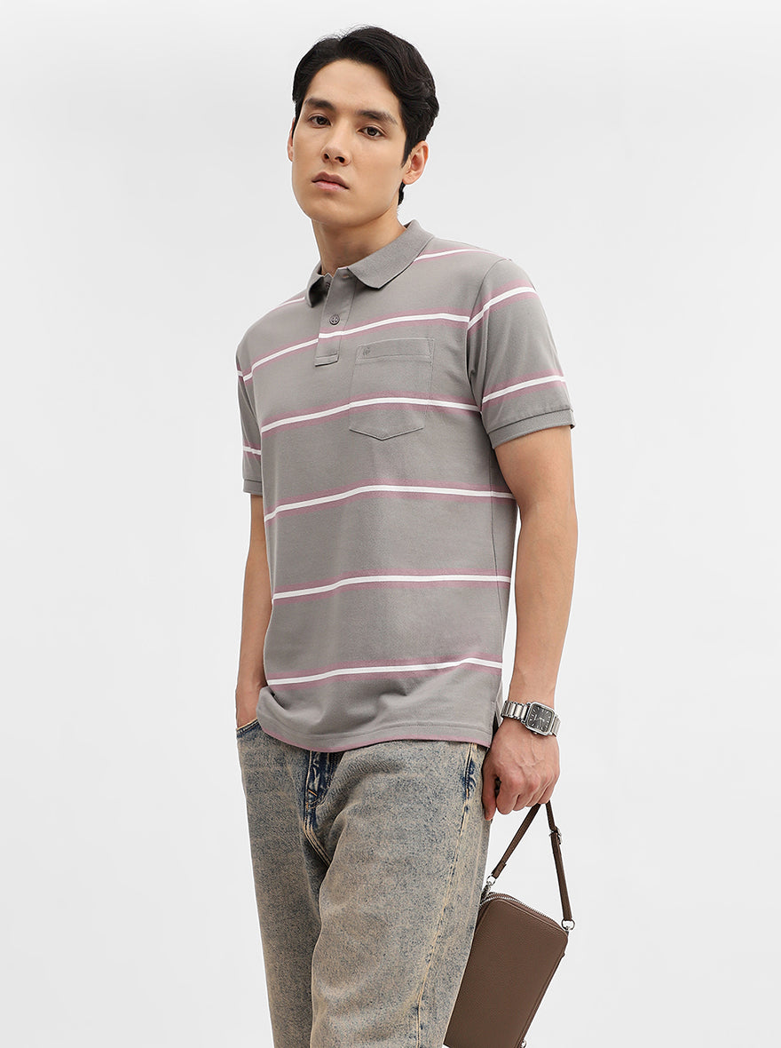 Light Grey & Pink Striped Slim Fit Polo T-Shirt | Greenfibre