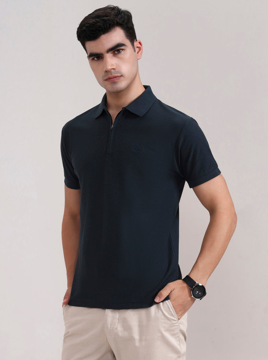 Teal Blue Striped Slim Fit Polo T-Shirt | Greenfibre