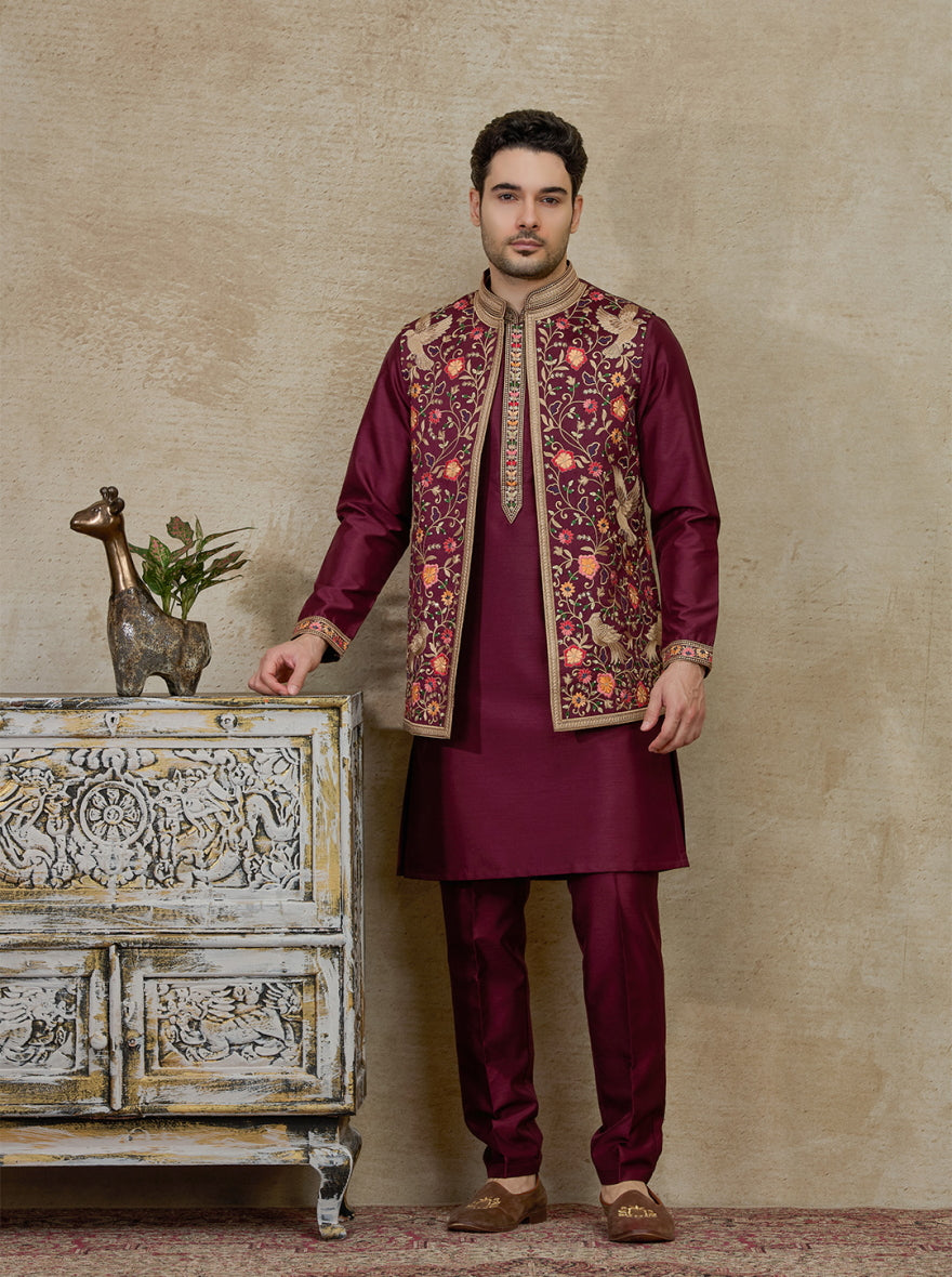 Wine Embroidered Kurta Pajama with Koti | Virasana
