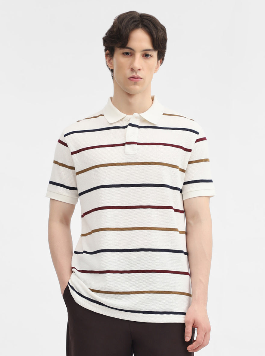 White & Navy Blue Striped Slim Fit Polo T-Shirt | JadeBlue