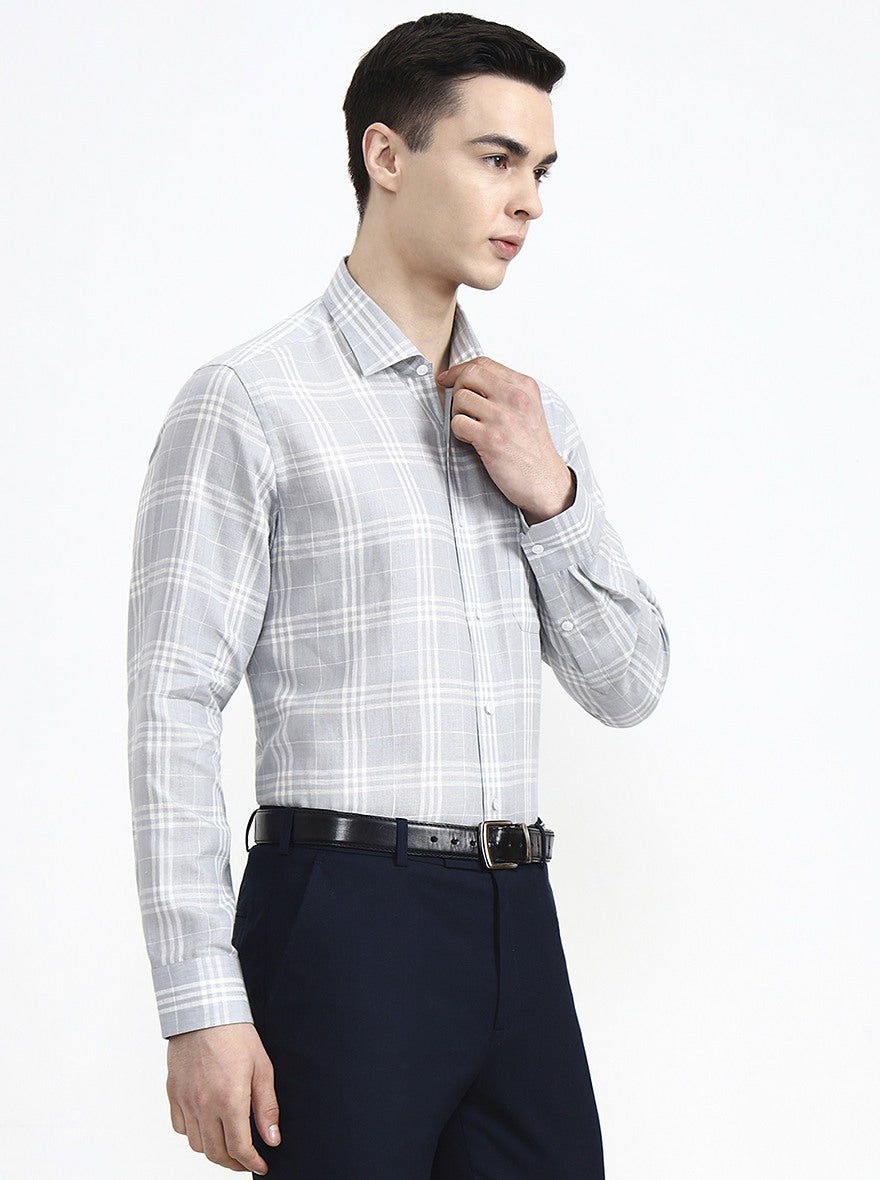 Grey & White Checked Slim Fit Formal Shirt | JadeBlue