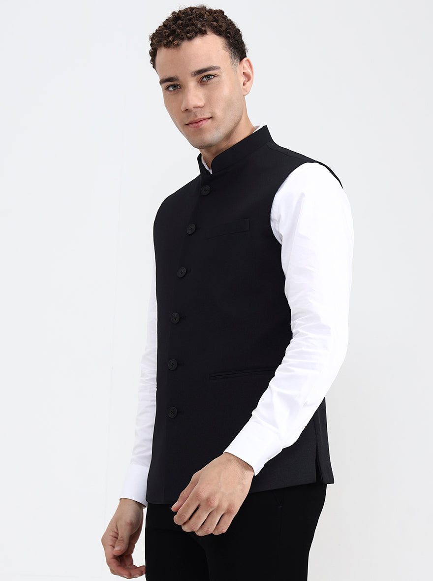 Black Solid Regular Fit Waistcoat | Greenfibre