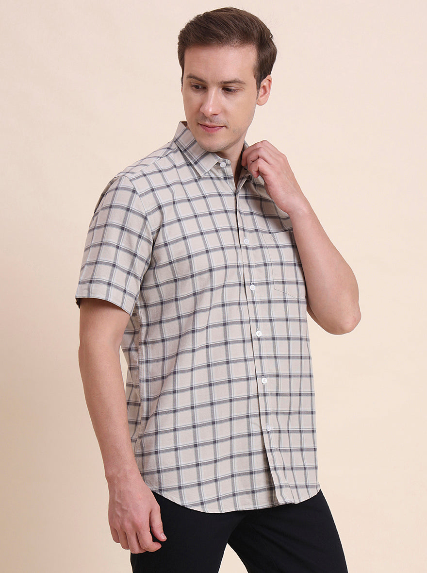 Dark Beige Checked Tailored Fit Semi Casual Shirt | JadeBlue