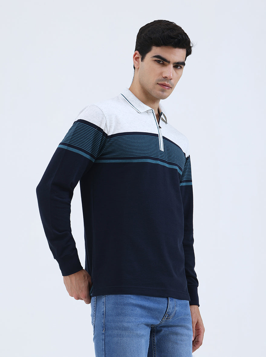 Navy Blue Striped Slim Fit Polo T-Shirt | JadeBlue